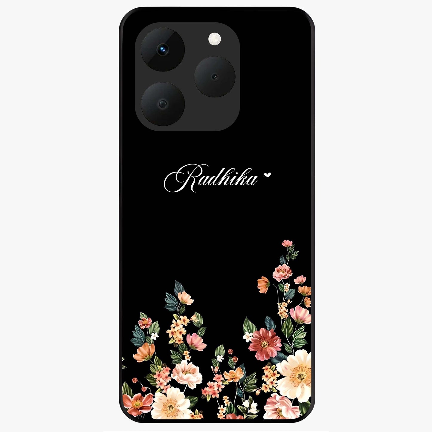 Floral Design With a Custom Personalized Name Glass Case showing flat back view with floral artwork and personalized name design.