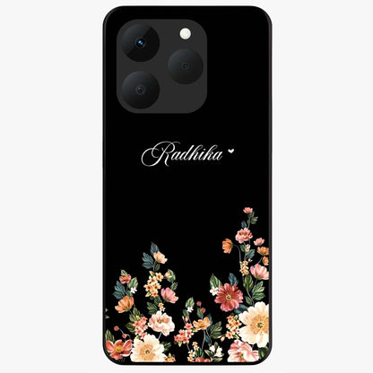 Floral Design With a Custom Personalized Name Glass Case showing flat back view with floral artwork and personalized name design.