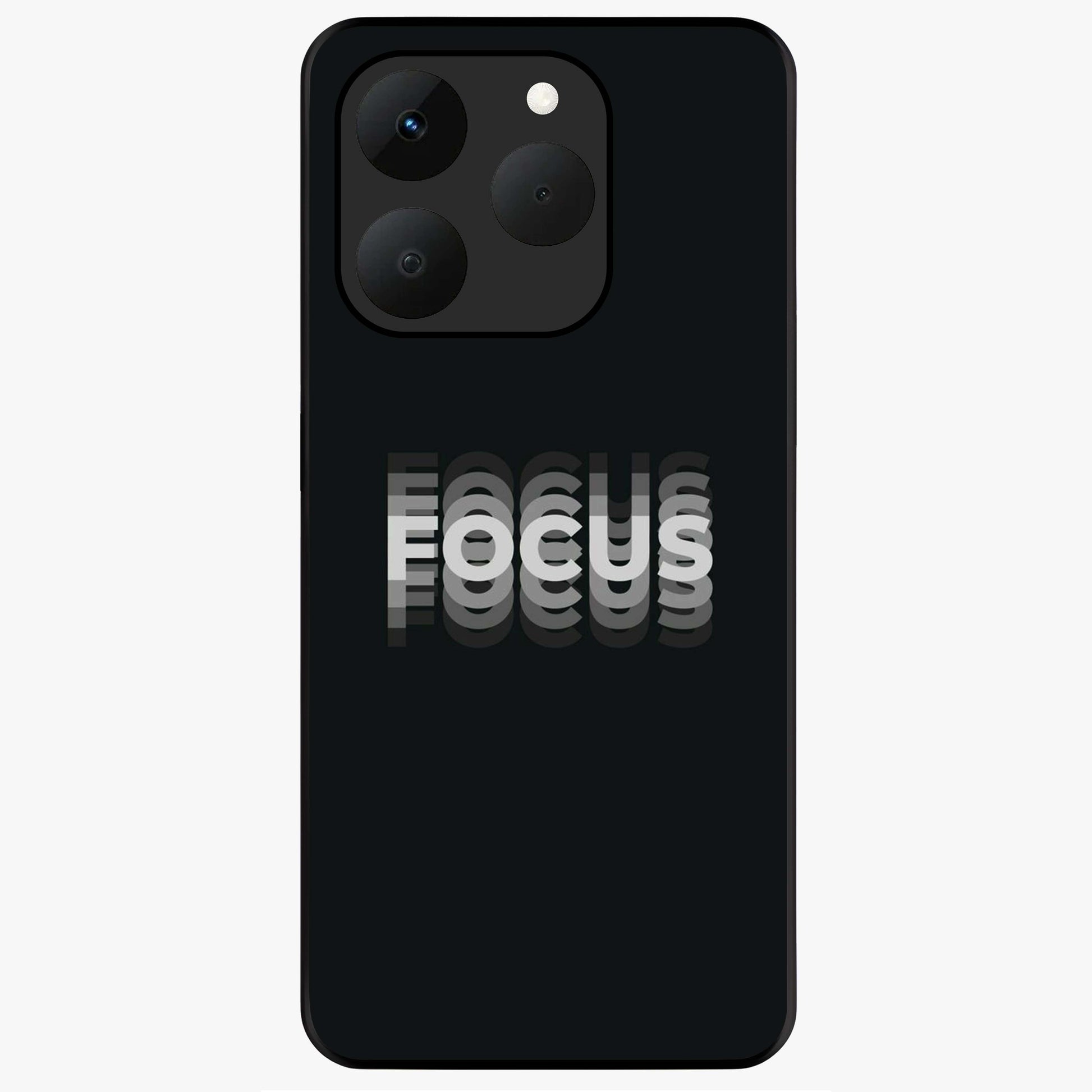 Focus Mode On Glass Case showing flat back view with bold motivational typography design and glossy glass finish.