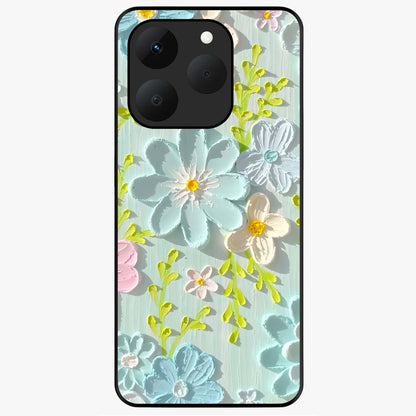 Frosted Petal Garden Glass Case showing flat back view with soft frosted floral artwork and glossy glass finish.