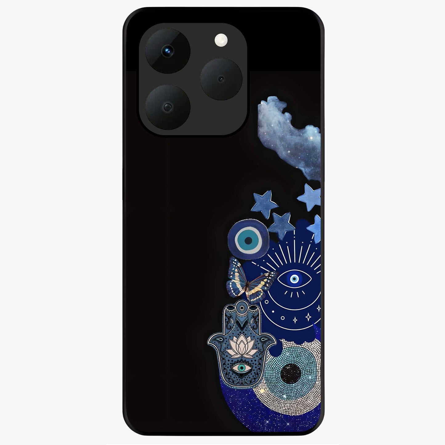Galactic Charm Cluster Glass Case showing flat back view with glowing celestial charm artwork and glossy glass finish.