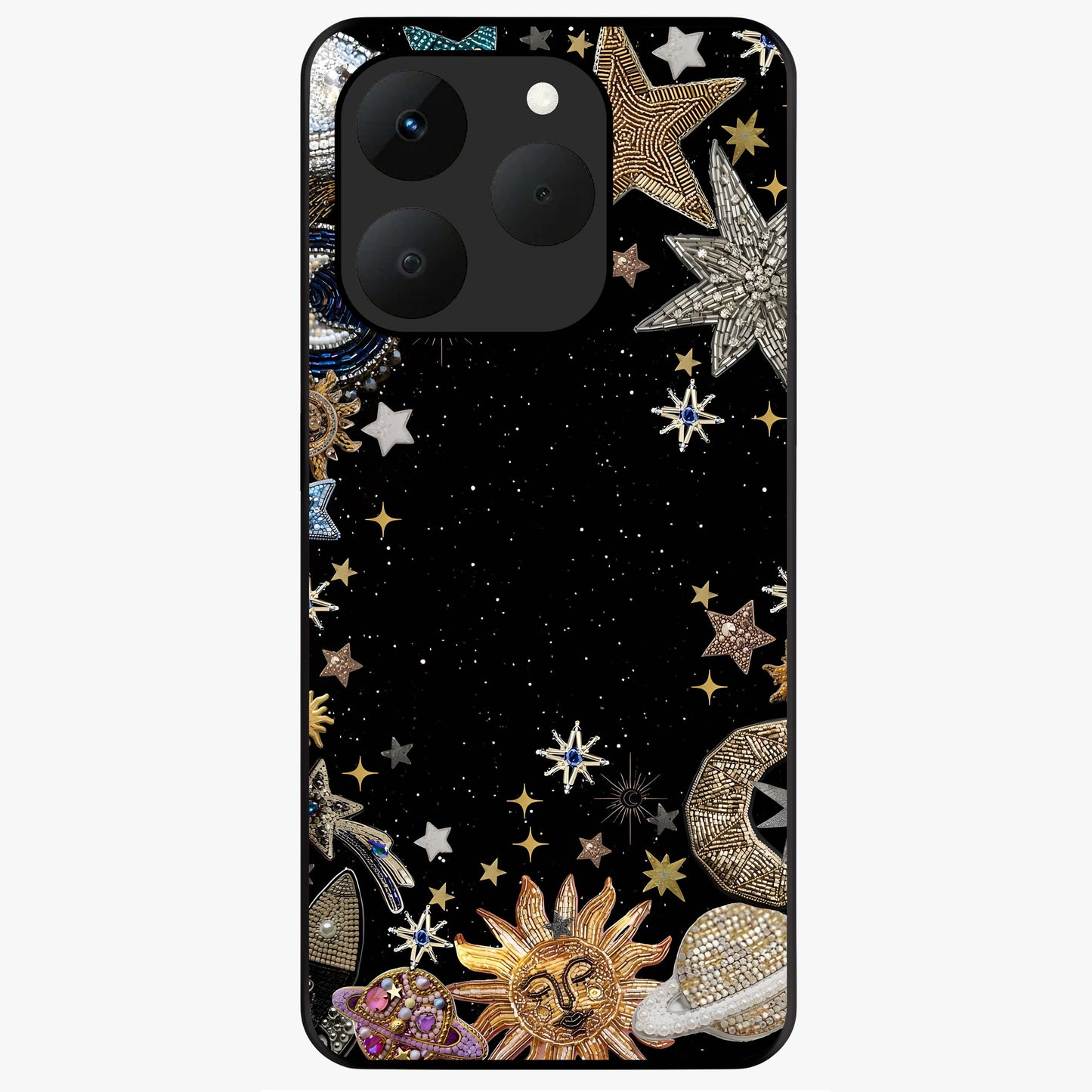 Galactic Jewel Stars Glass Case showing flat back view with sparkling star jewel artwork and glossy glass finish.
