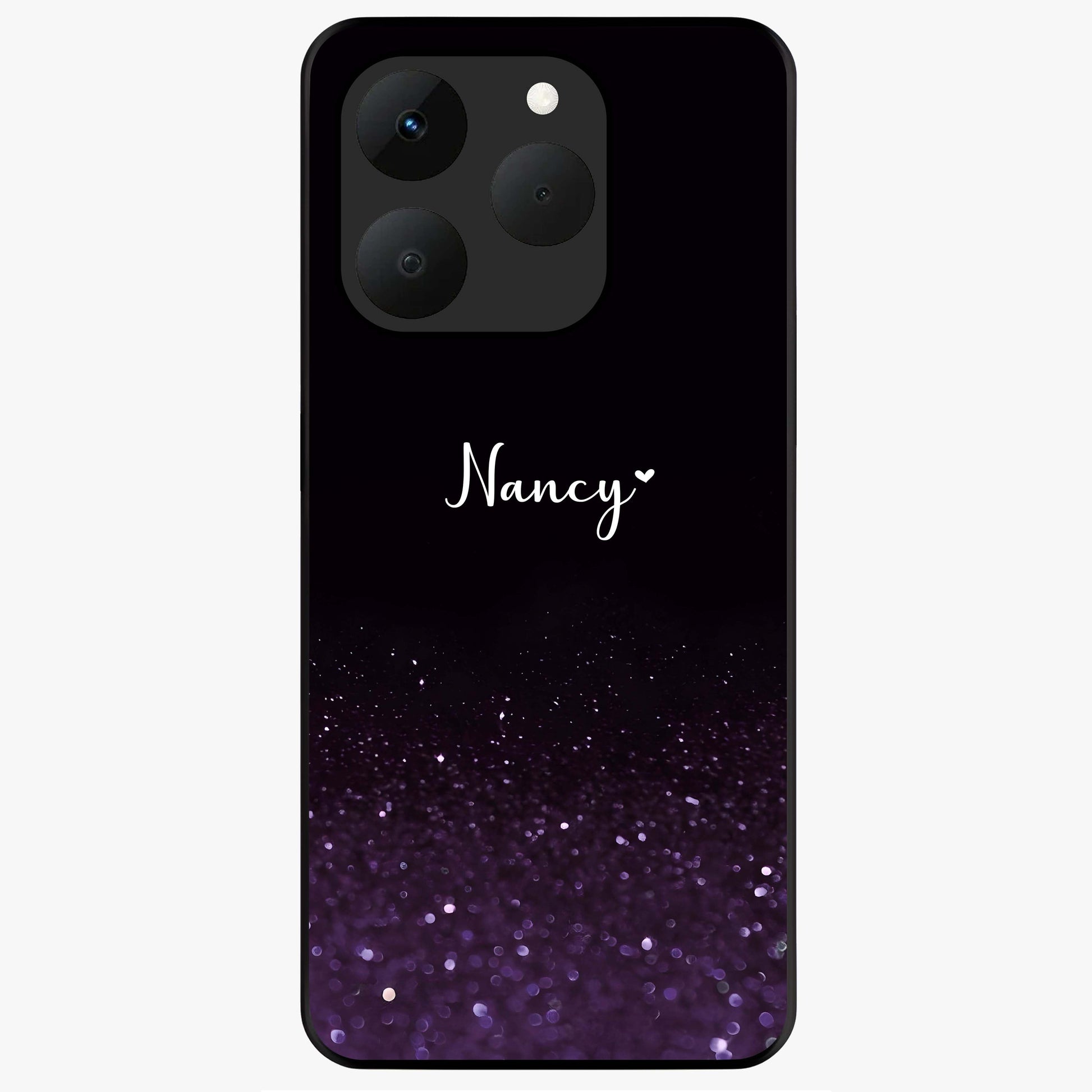 Glittery Purple Bokeh Custom Name Glass Case showing flat back view with purple bokeh sparkle artwork and personalized name design.
