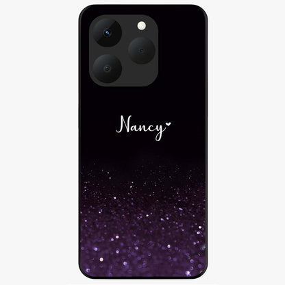Glittery Purple Bokeh Custom Name Glass Case showing flat back view with purple bokeh sparkle artwork and personalized name design.