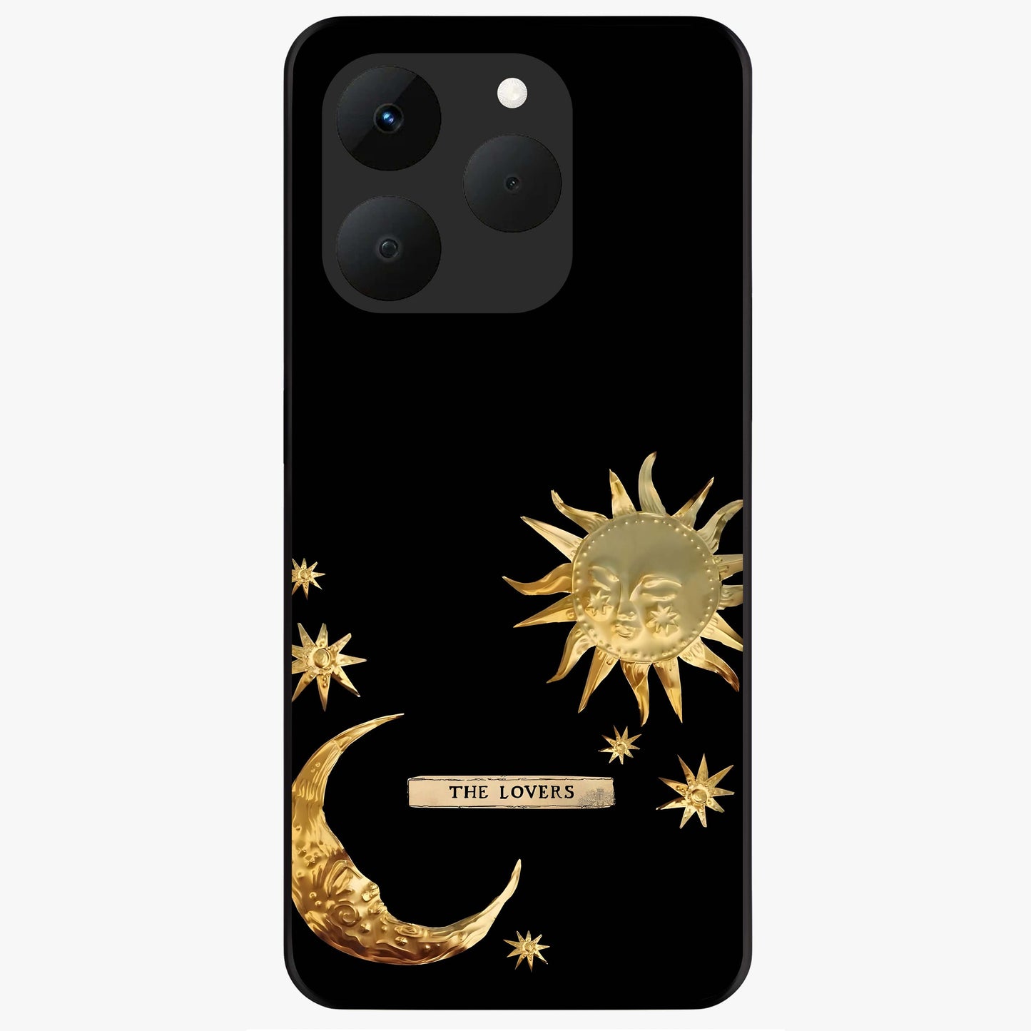 Golden Celestial Charm Glass Case showing flat back view with golden celestial charm artwork and glossy glass finish.