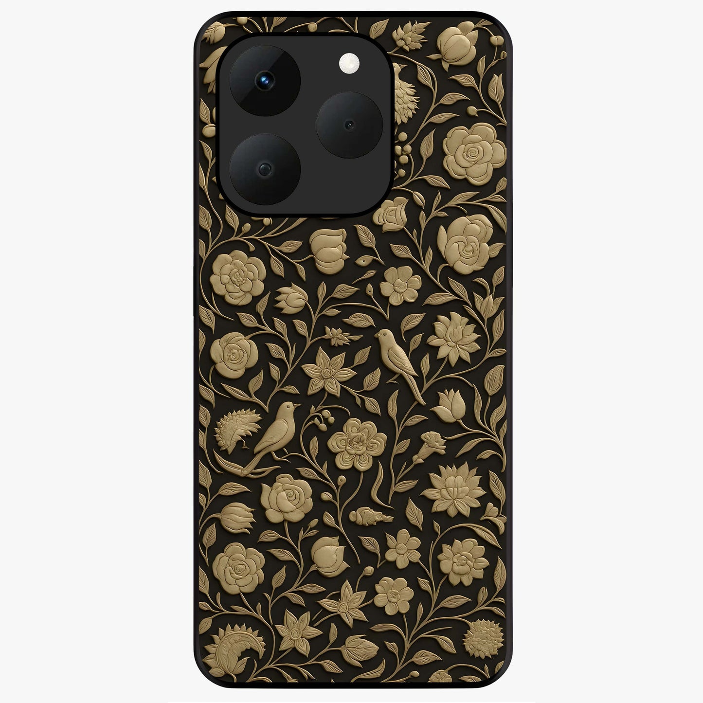 Golden Floral Majesty Glass Case showing flat back view with luxurious golden floral artwork and glossy glass finish.