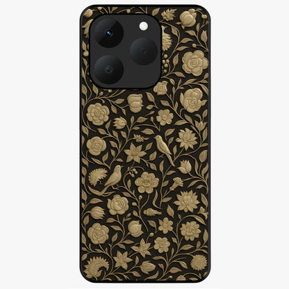 Golden Floral Majesty Glass Case showing flat back view with luxurious golden floral artwork and glossy glass finish.