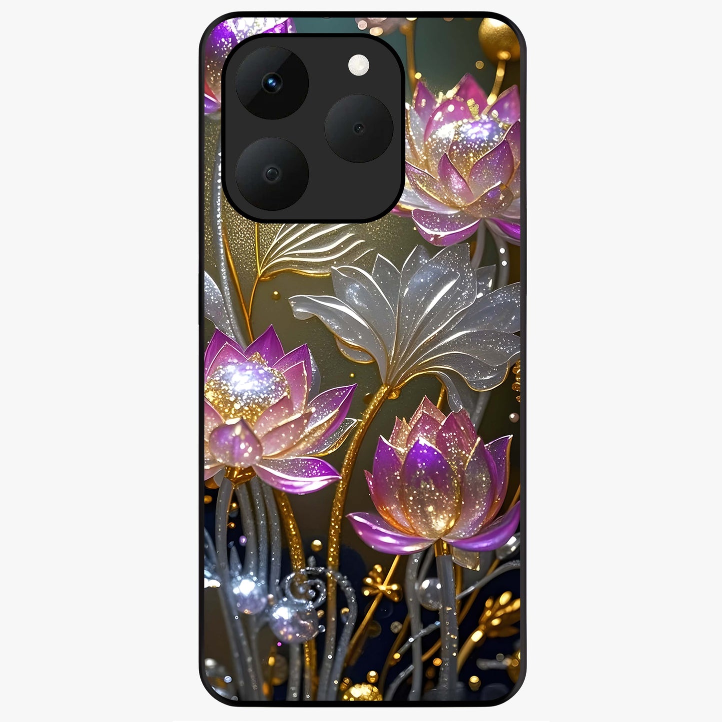 Golden Lotus Glow Glass Case showing flat back view with glowing lotus flower artwork and glossy glass finish.