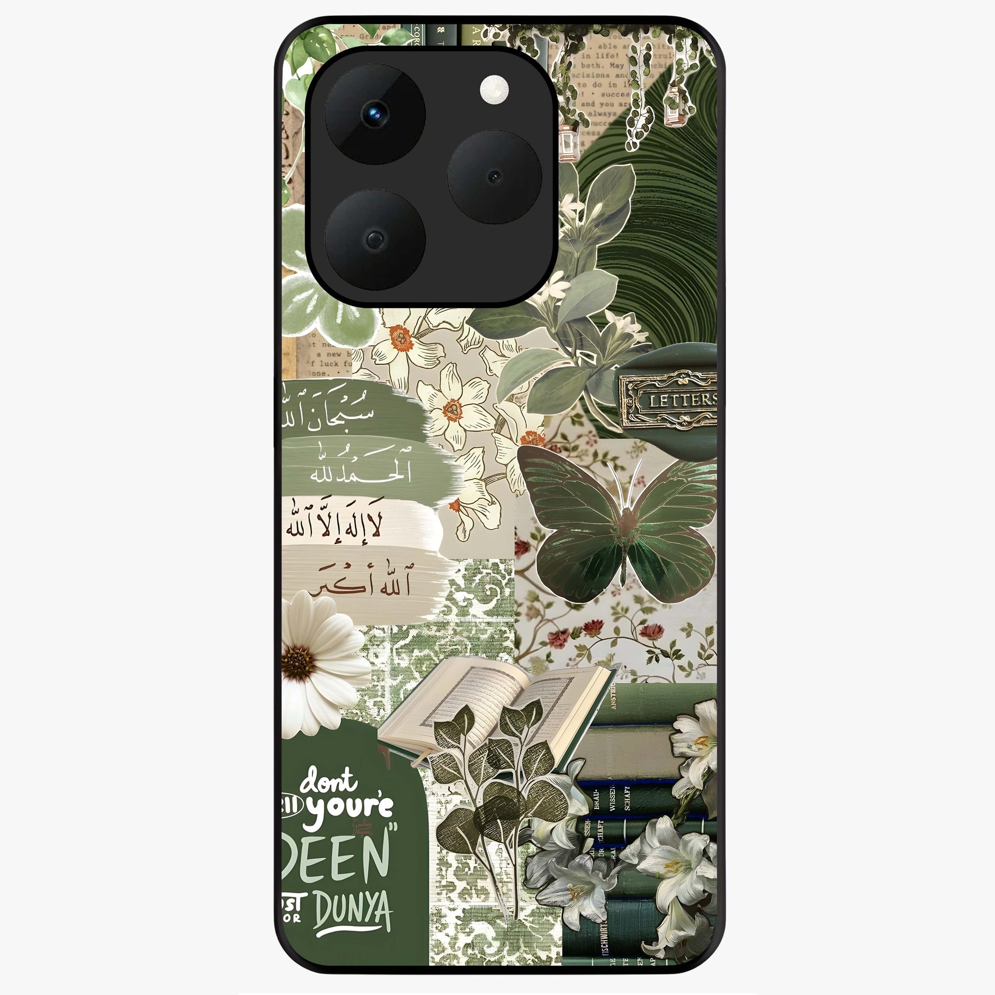 Green Islamic Books Quotes Glass Case showing flat back view with Islamic quotes and book themed artwork and glossy glass finish.
