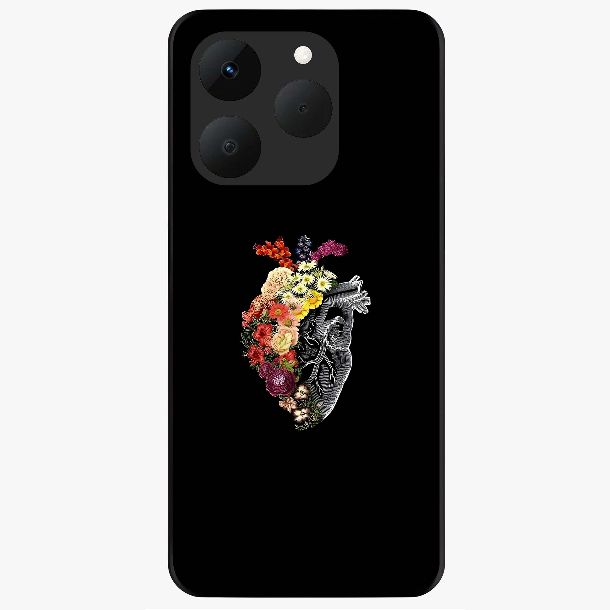 Heart With Flowers Glass Case showing flat back view with heart shaped floral artwork and glossy glass finish.