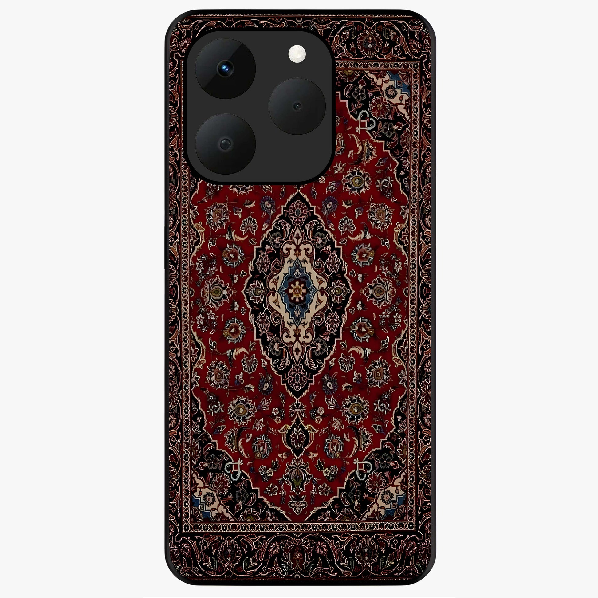 Heritage Carpet Royale Glass Case showing flat back view with ornate Persian carpet inspired pattern and glossy glass finish.