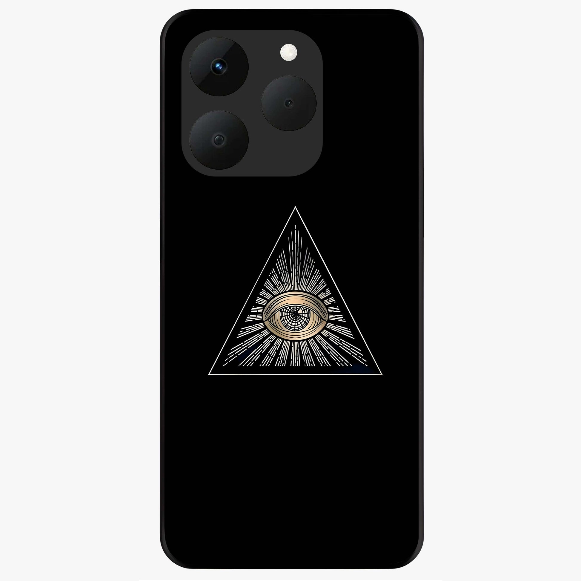 Illuminati Evil Glass Case showing flat back view with mysterious illuminati symbol artwork and glossy glass finish.