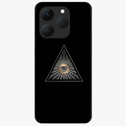 Illuminati Evil Glass Case showing flat back view with mysterious illuminati symbol artwork and glossy glass finish.