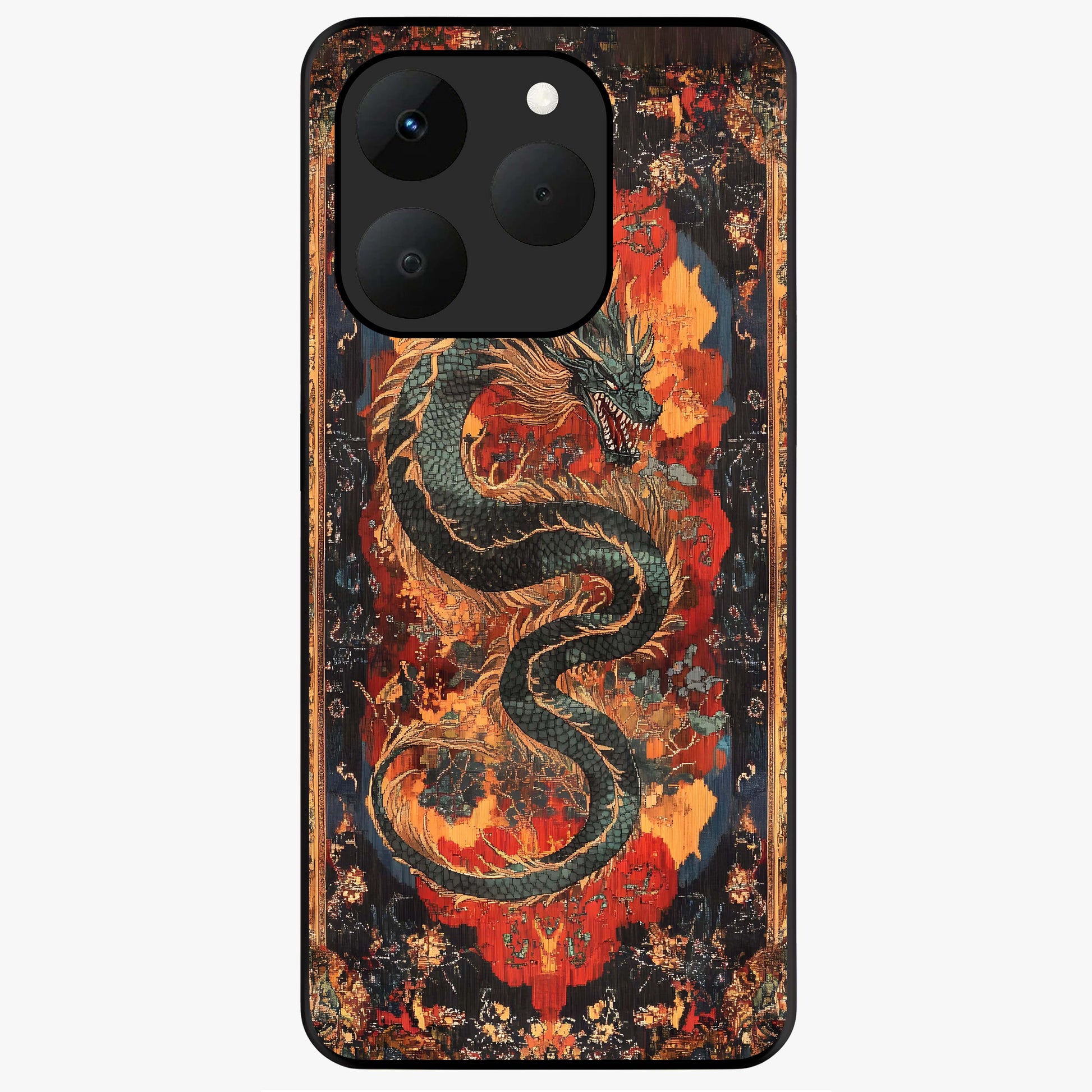 Inferno Dragon Soul Glass Case showing flat back view with fiery dragon artwork and glossy glass finish.