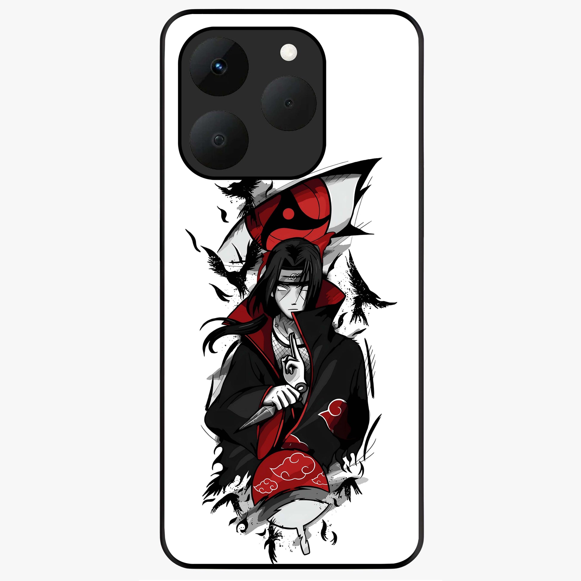 Itachi Sharingan Glass Case showing flat back view with powerful anime eye artwork and glossy glass finish.