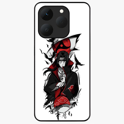 Itachi Sharingan Glass Case showing flat back view with powerful anime eye artwork and glossy glass finish.