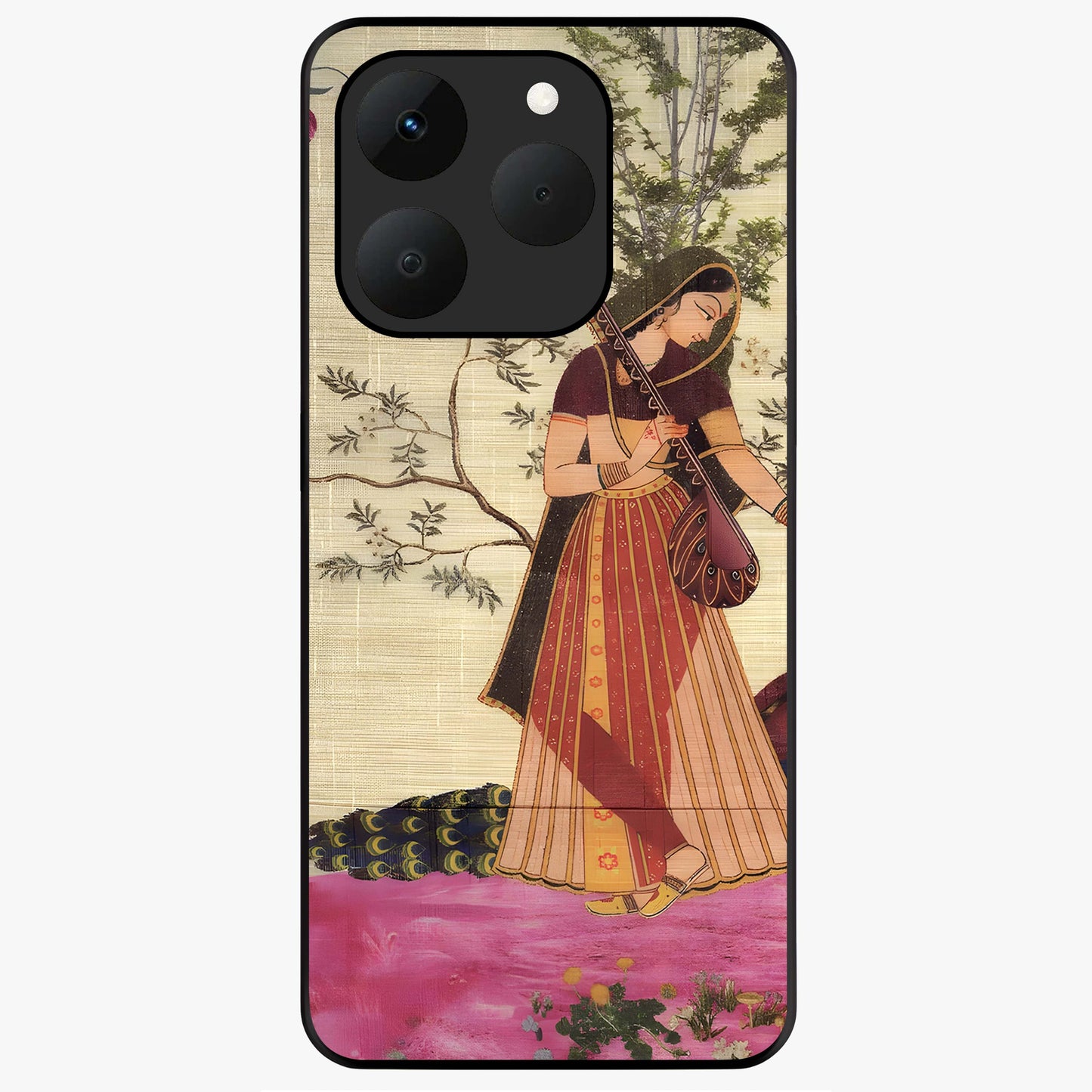 Lady With Veena Art Glass Case showing flat back view with elegant woman playing veena artwork and glossy glass finish.