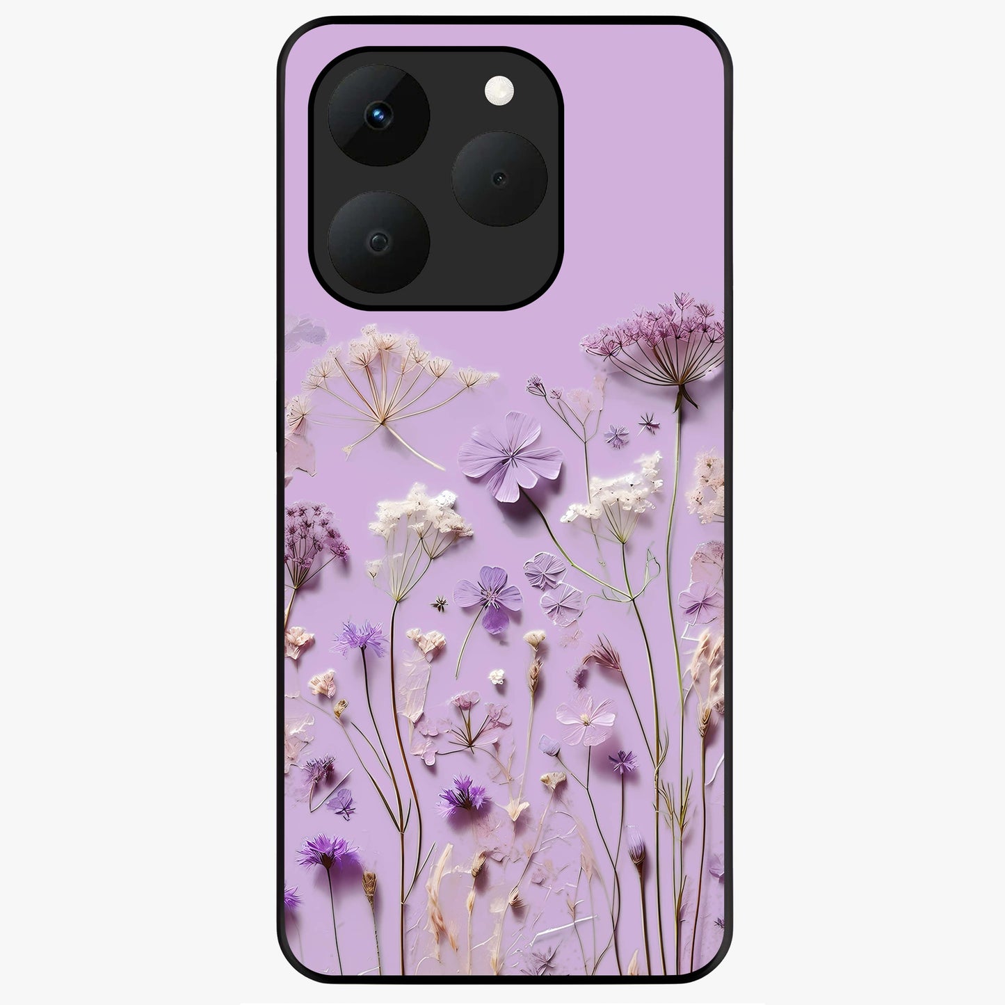 Lavender Blossom Dream Glass Case showing flat back view with soft lavender floral artwork and glossy glass finish.