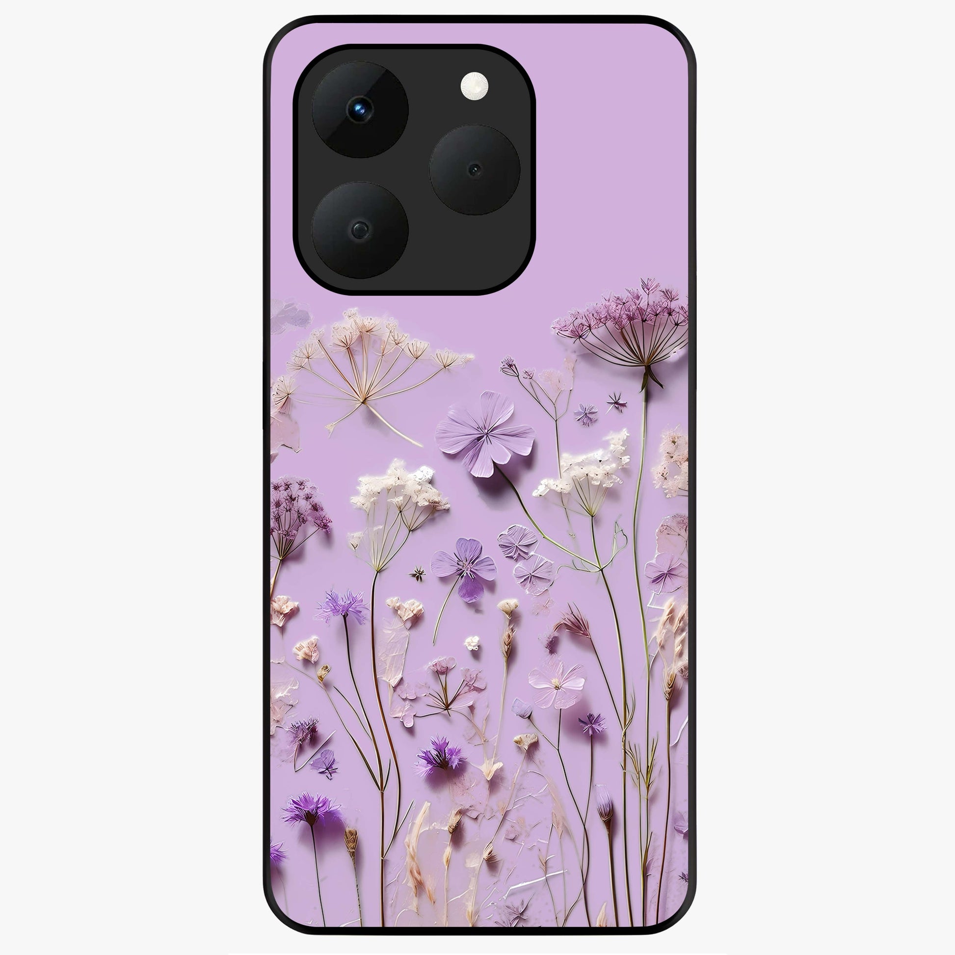 Lavender Blossom Dream Glass Case showing flat back view with soft lavender floral artwork and glossy glass finish.