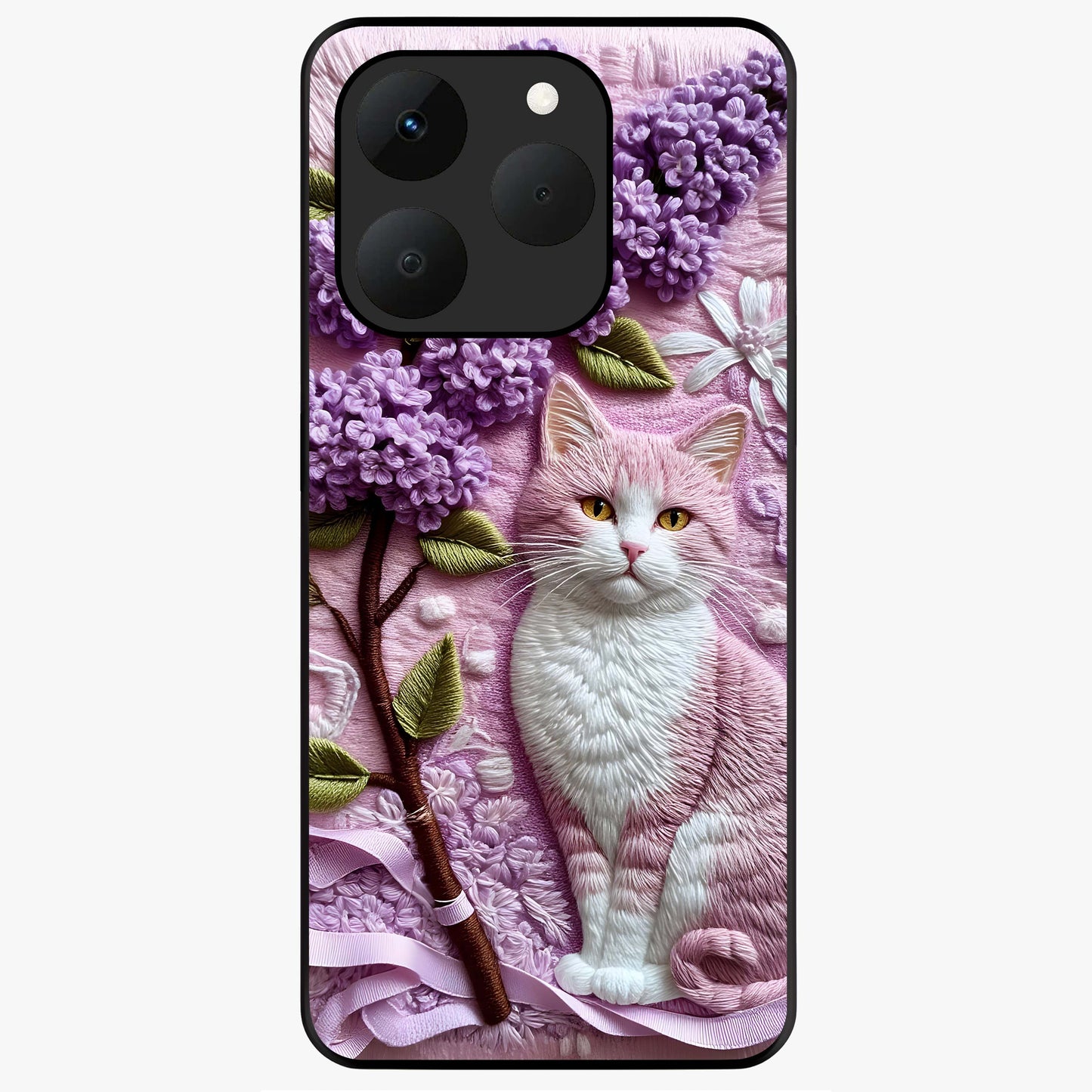 Lavender Cat Whimsy Glass Case showing flat back view with cute lavender cat artwork and glossy glass finish.