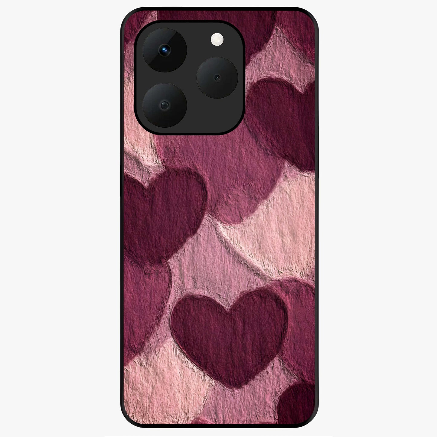 Layered Paper Hearts Glass Case showing flat back view with layered paper heart artwork and glossy glass finish.