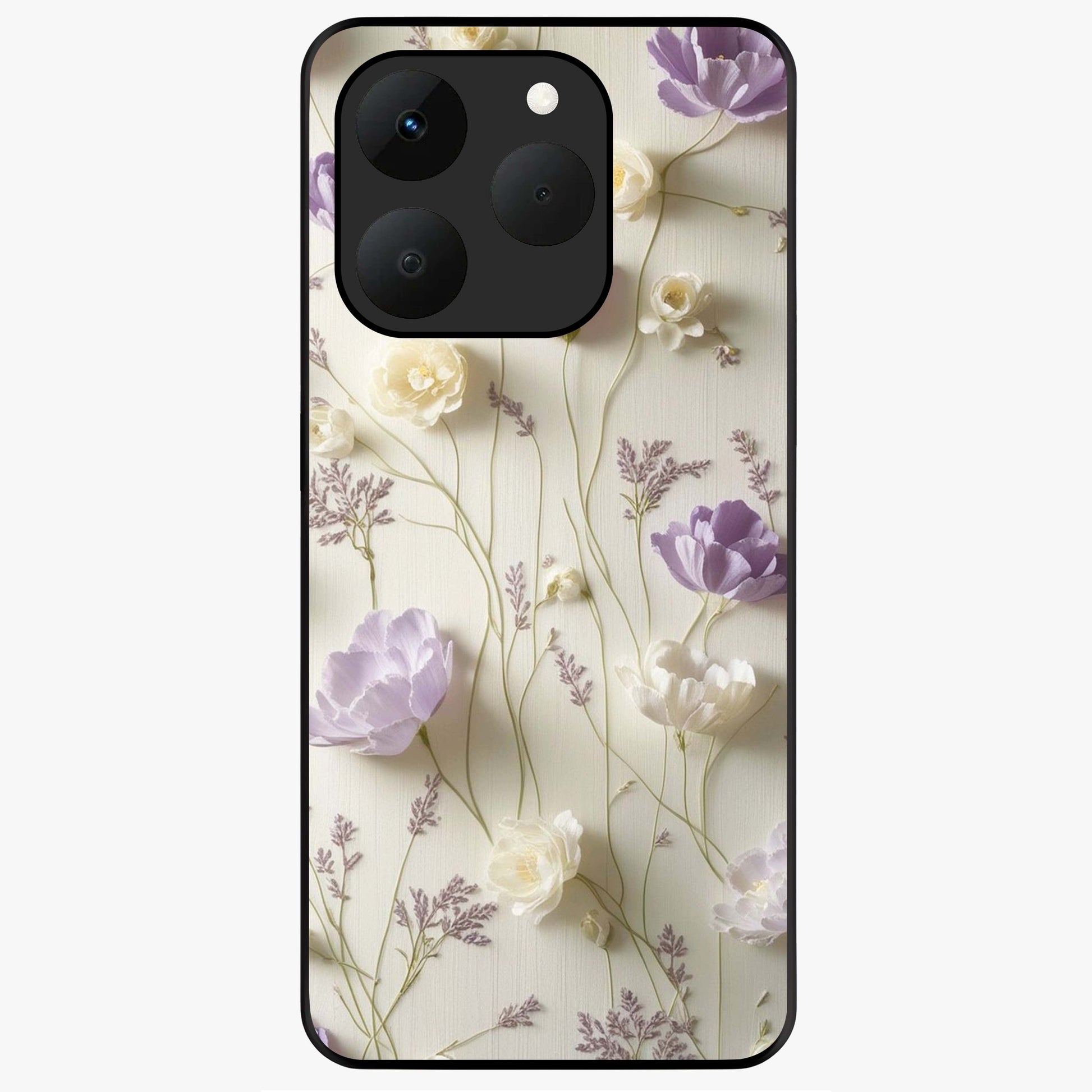 Lilac Breeze Harmony Glass Case showing flat back view with soft lilac themed artwork and glossy glass finish.