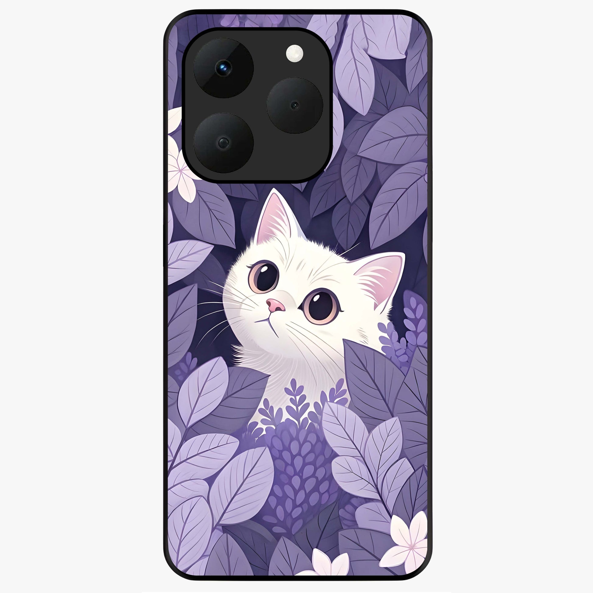Lilac Hide Peek Cat Glass Case showing flat back view with cute peeking cat artwork and glossy glass finish.