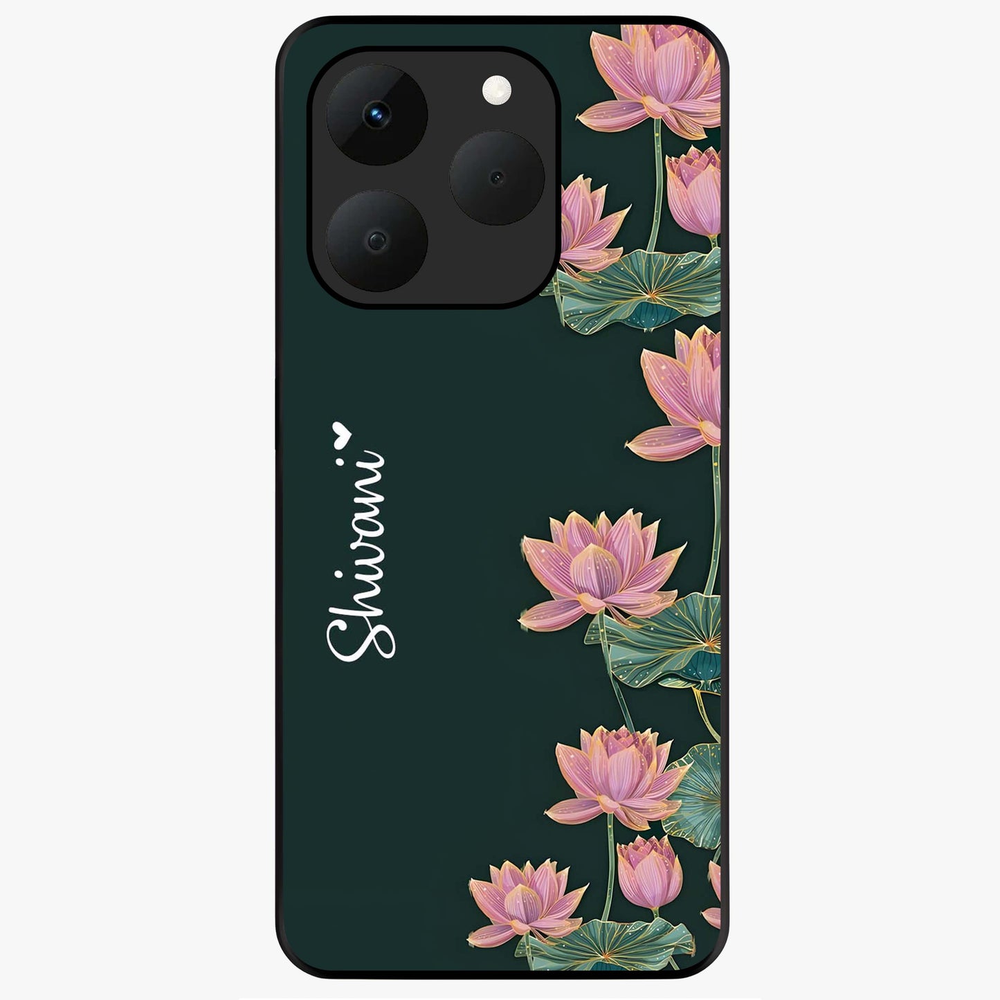 Lotus Bloom Serenity Custom Name Glass Case showing flat back view with elegant lotus flower artwork and personalized name design.