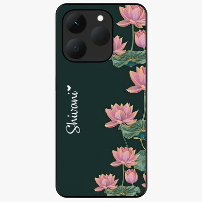 Lotus Bloom Serenity Custom Name Glass Case showing flat back view with elegant lotus flower artwork and personalized name design.
