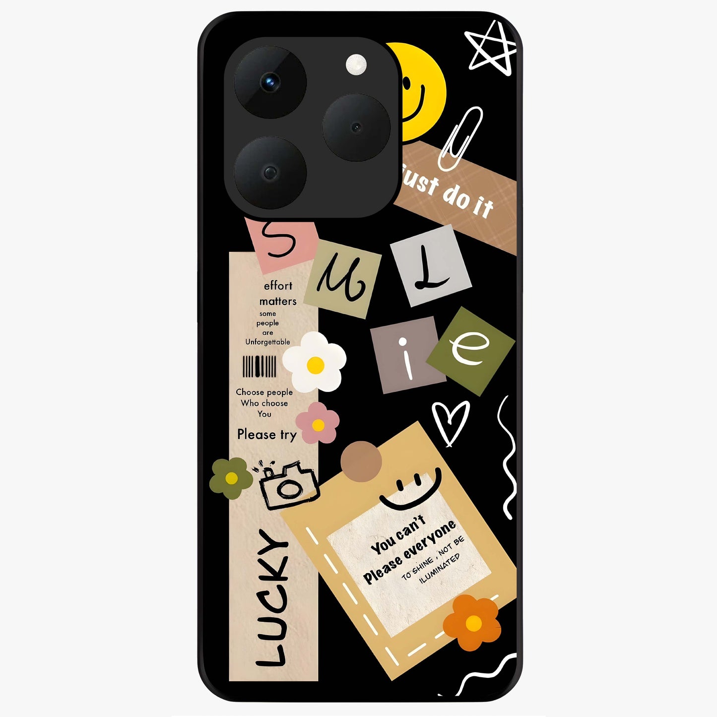 Lucky Aesthetic Collage Glass Case showing flat back view with trendy aesthetic collage artwork and glossy glass finish.