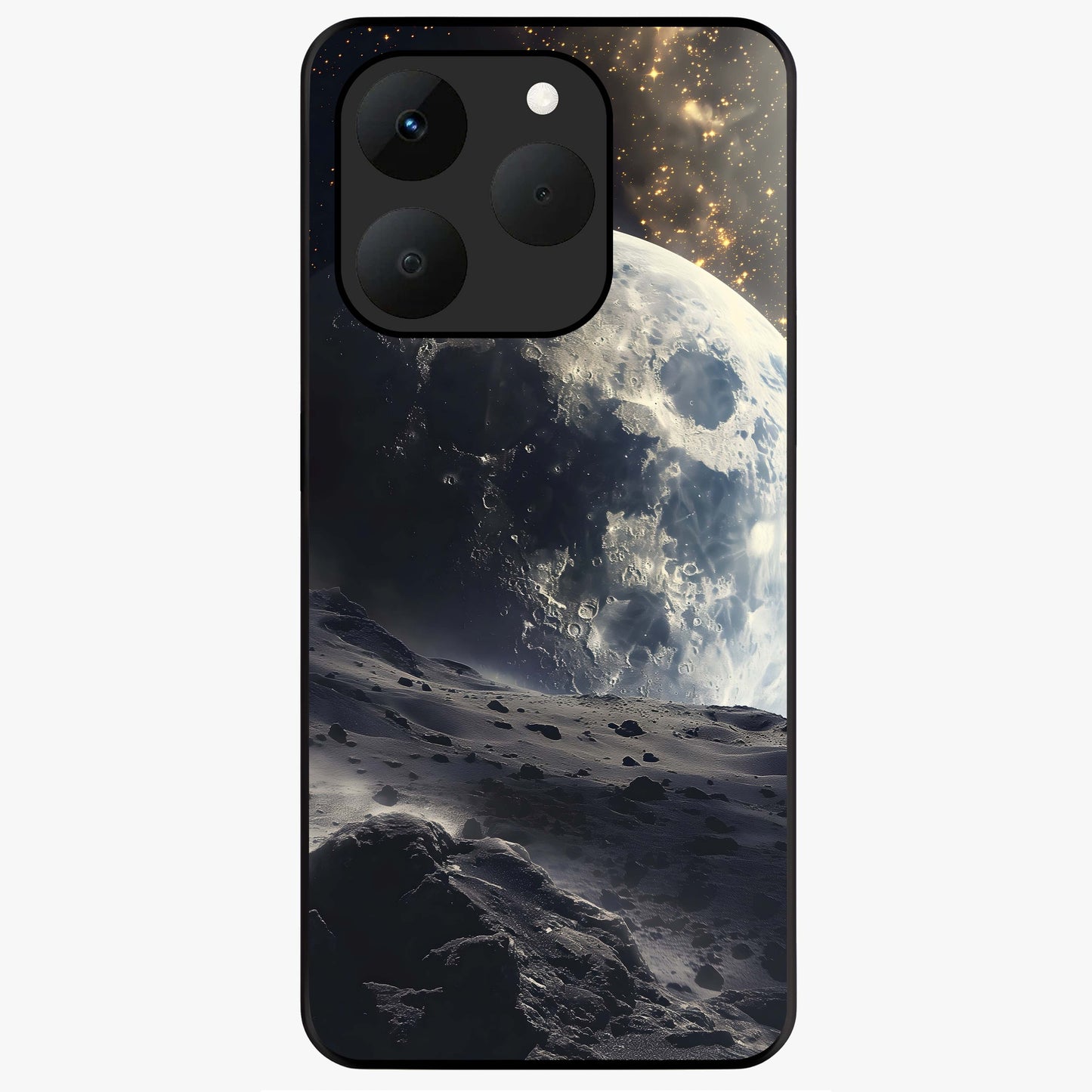 Lunar Horizon Glow Glass Case showing flat back view with glowing moon horizon artwork and glossy glass finish.