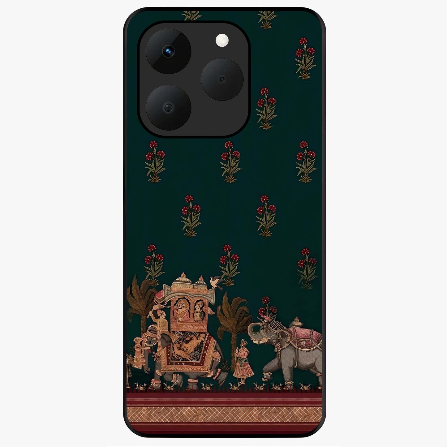 Macmerise Glass Case showing flat back view with stylish modern artwork and glossy glass finish.