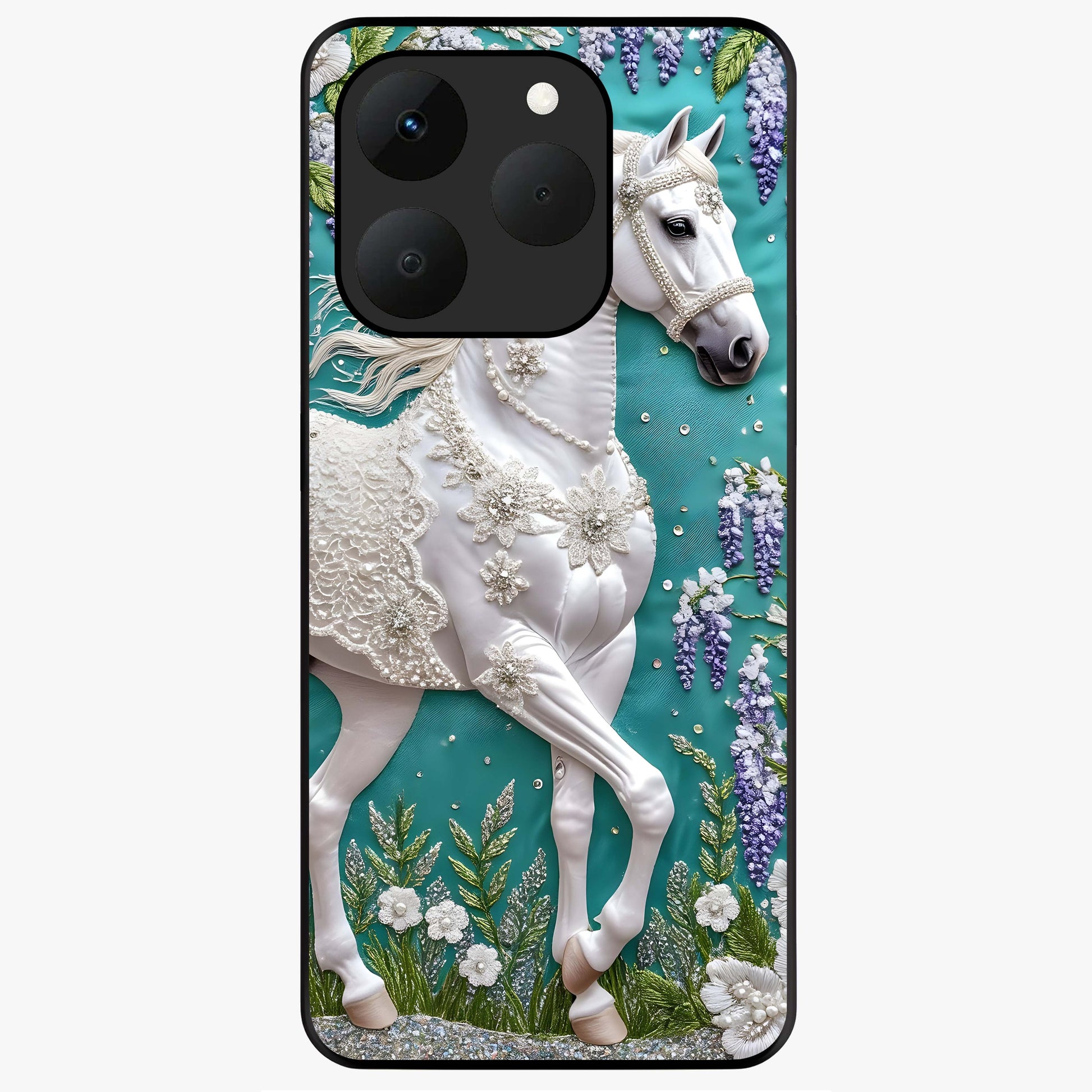 Majestic Floral Stallion Glass Case showing flat back view with powerful horse and floral artwork and glossy glass finish.