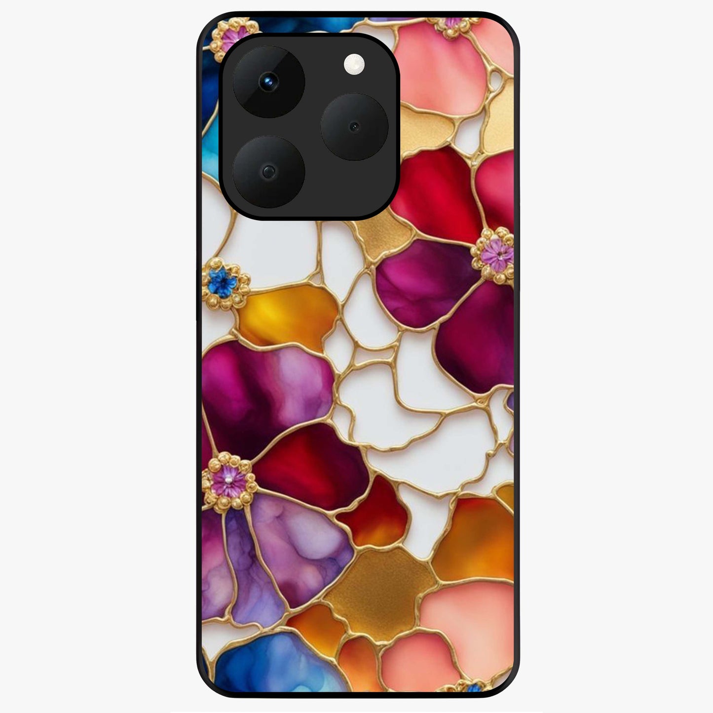 Marble Flower Pattern Glass Case showing flat back view with marble texture floral artwork and glossy glass finish.