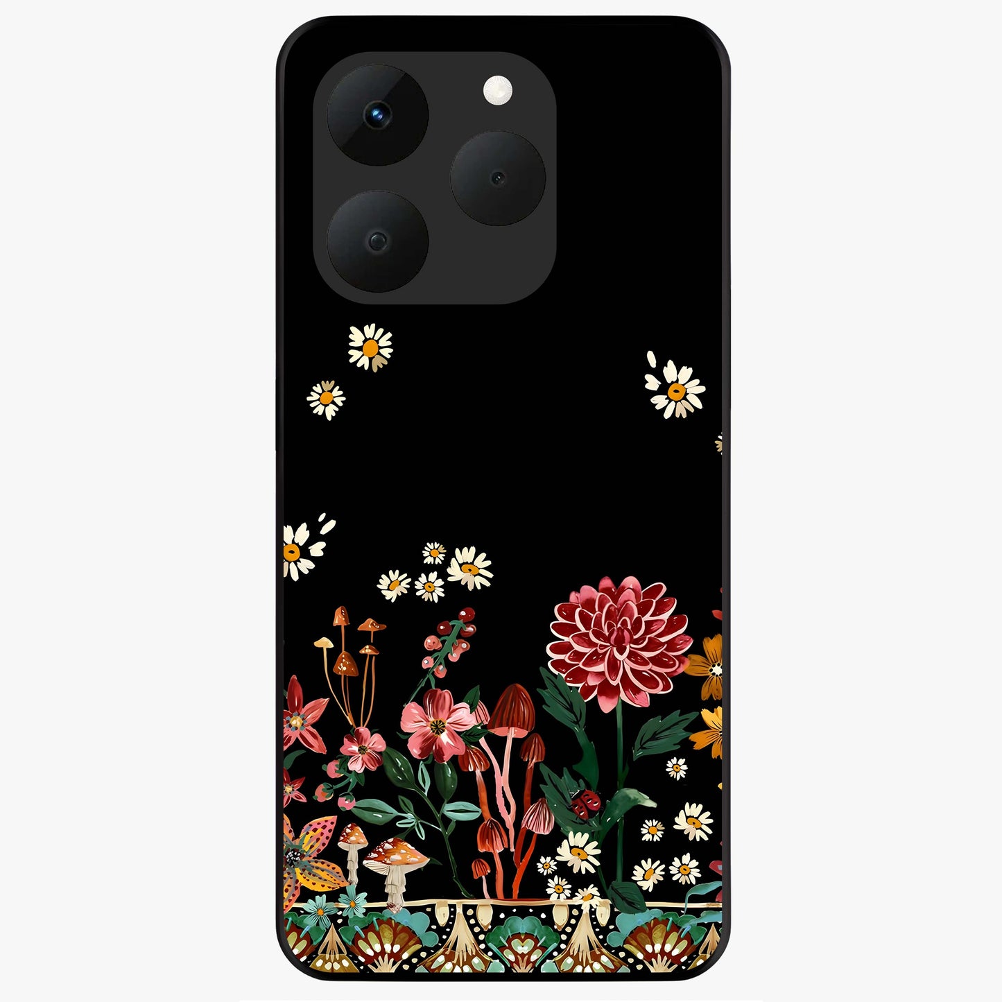 Midnight Bloom Pattern Glass Case showing flat back view with dark floral pattern artwork and glossy glass finish.