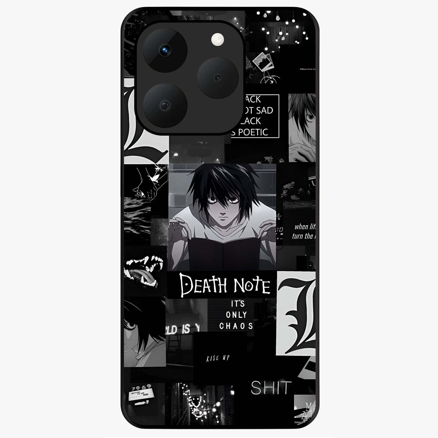 Midnight Chaos Mind Glass Case showing flat back view with abstract dark themed artwork and glossy glass finish.