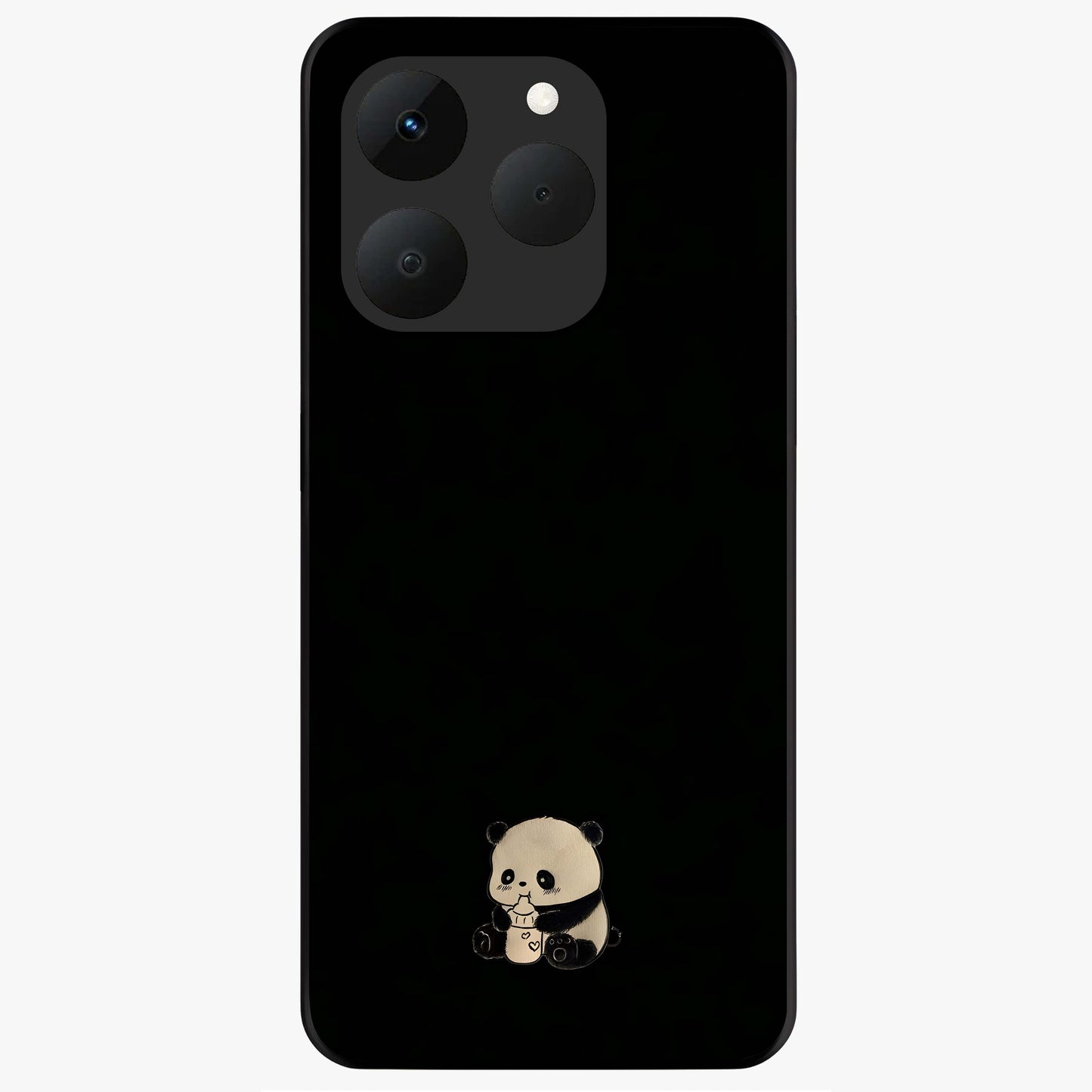 Midnight Panda Love Glass Case showing flat back view with cute panda themed artwork and glossy glass finish.