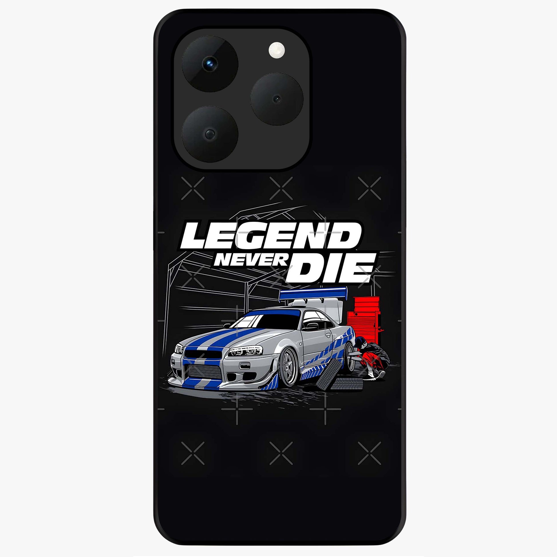 Midnight Racing Legacy Glass Case showing flat back view with sleek racing inspired artwork and glossy glass finish.