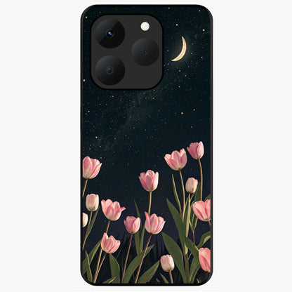 Midnight Tulip Whispers Vibe Glass Case showing flat back view with elegant tulip flower artwork and glossy glass finish.