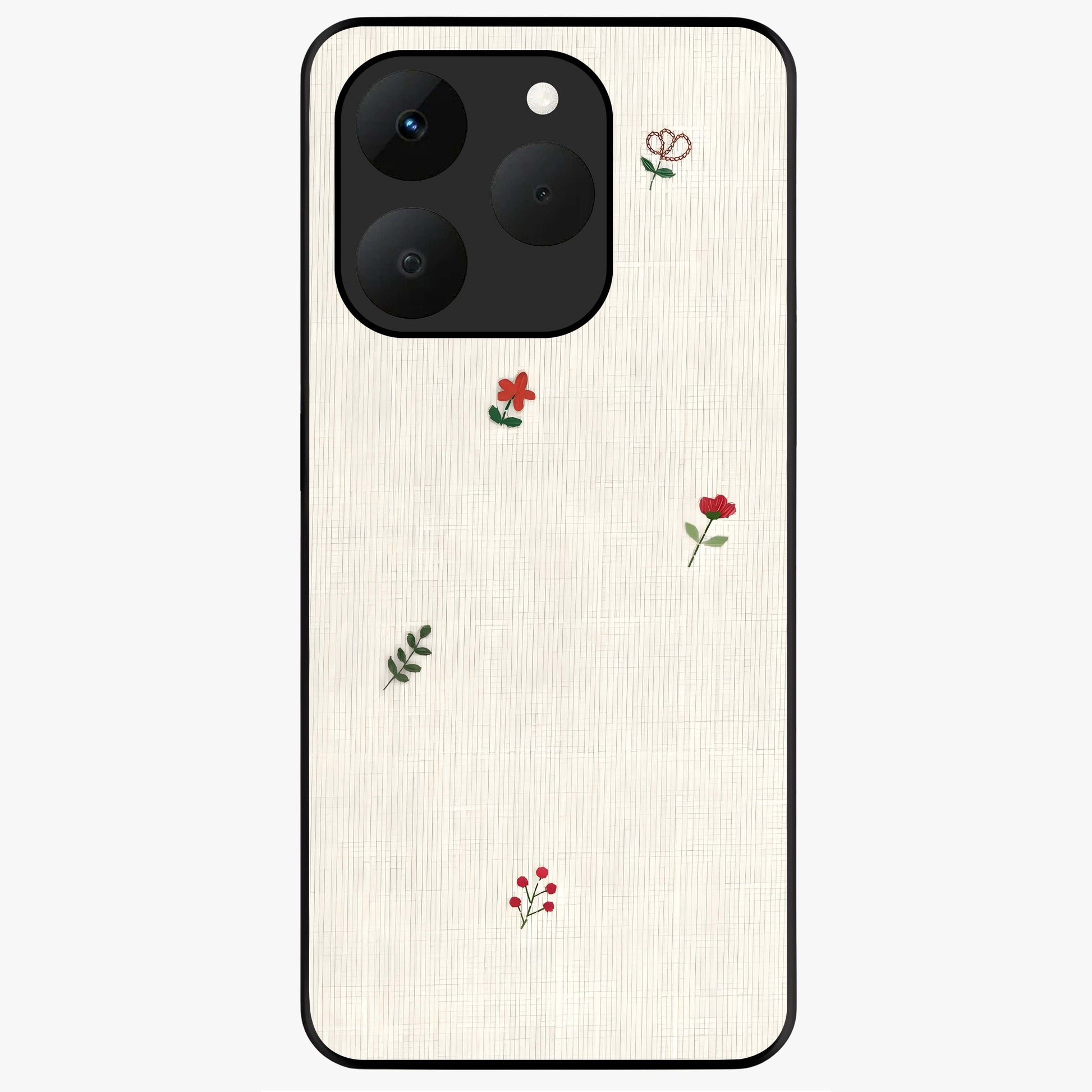 Minimal Petal Whispers Glass Case showing flat back view with soft minimal floral artwork and glossy glass finish.