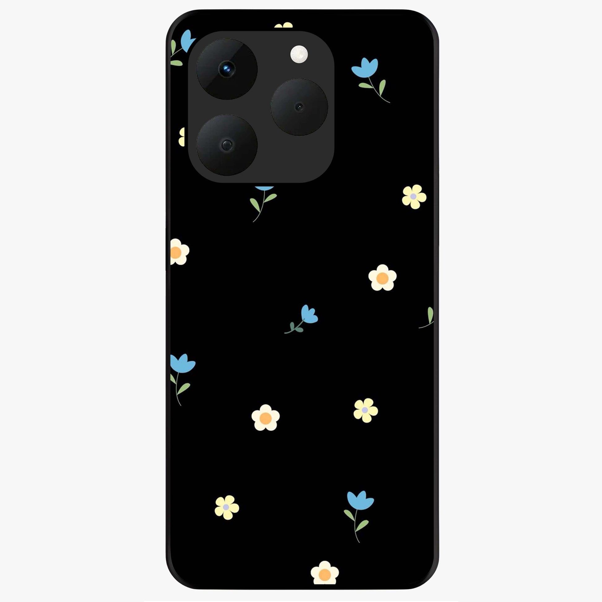 Minimalistic Blue With White Flower Pattern Glass Case showing flat back view with blue background and white flower pattern and glossy glass finish.