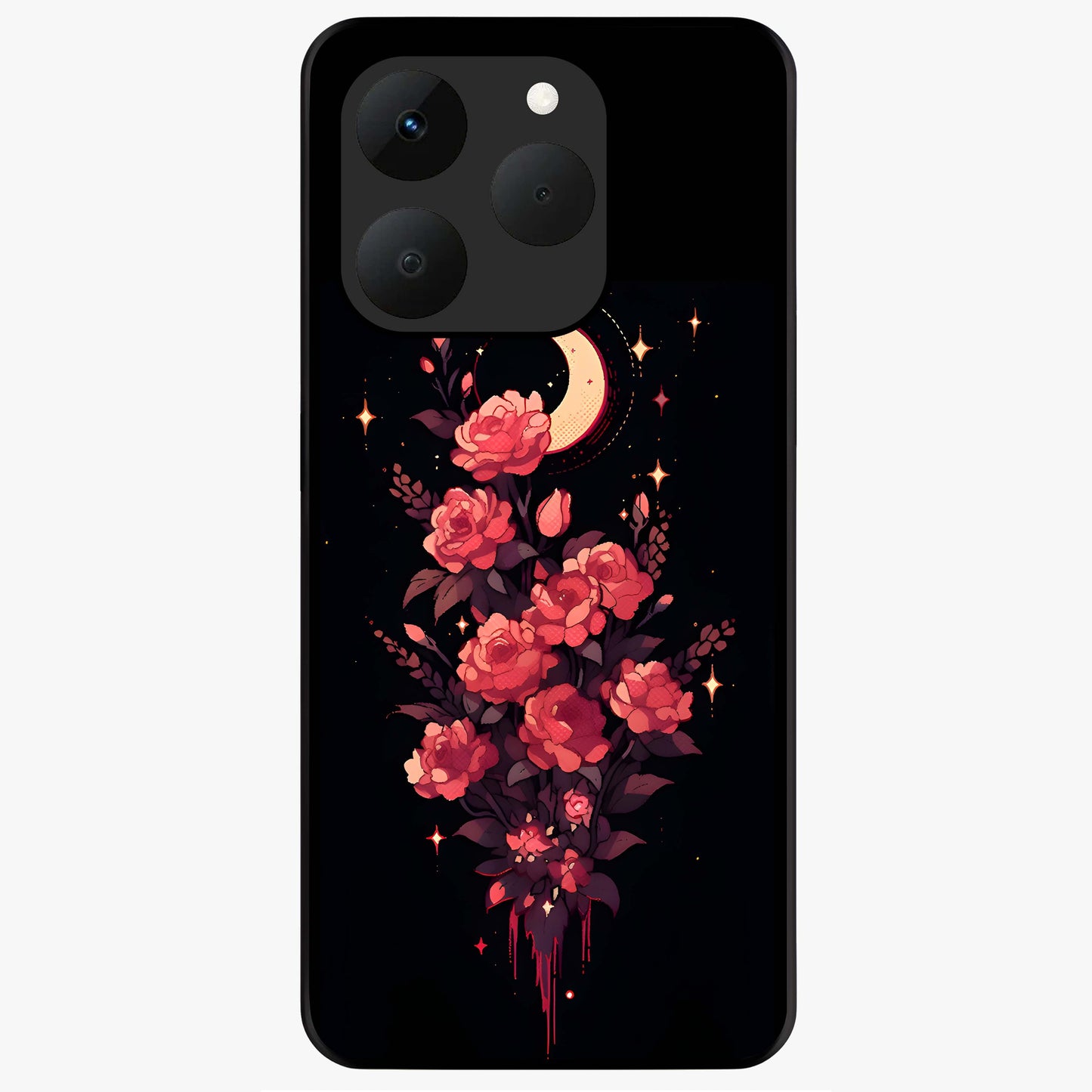 Moonlit Floral Elegance Glass Case showing flat back view with elegant floral artwork under moonlit tones and glossy glass finish.