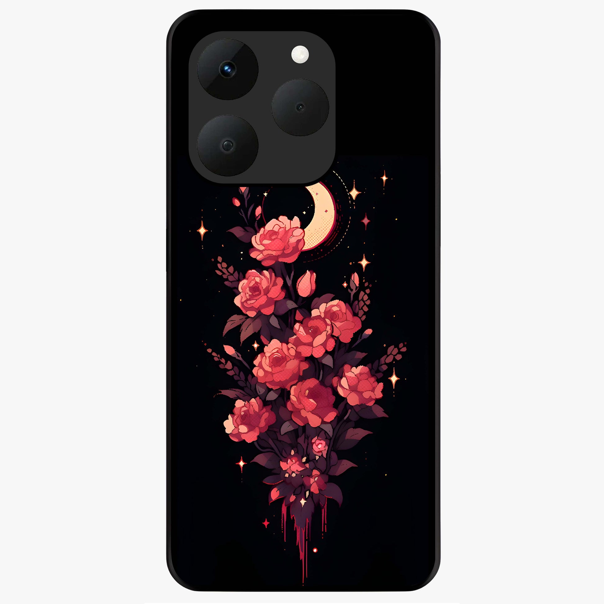Moonlit Floral Elegance Glass Case showing flat back view with elegant floral artwork under moonlit tones and glossy glass finish.