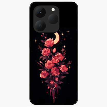Moonlit Floral Elegance Glass Case showing flat back view with elegant floral artwork under moonlit tones and glossy glass finish.