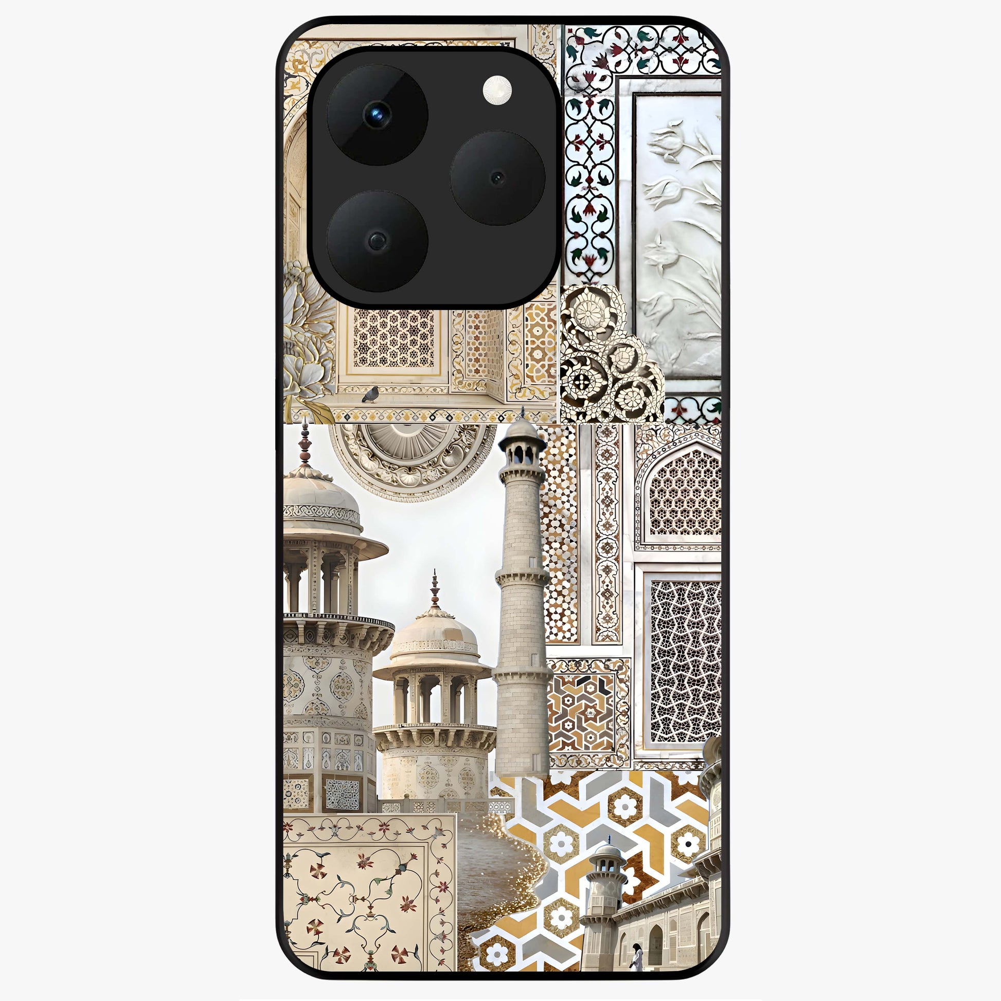 Mughal Marble Legacy Glass Case showing flat back view with intricate Mughal inspired marble pattern and glossy glass finish.