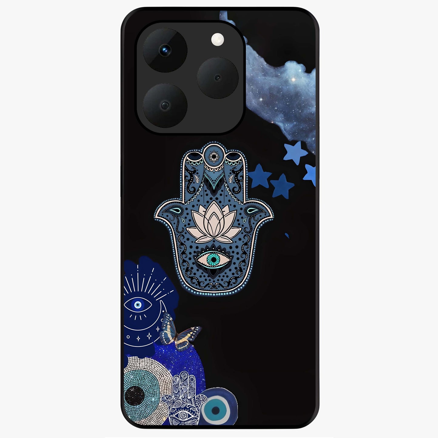 Mystic Hand Aura Glass Case showing flat back view with mystical hand symbol artwork and glossy glass finish.