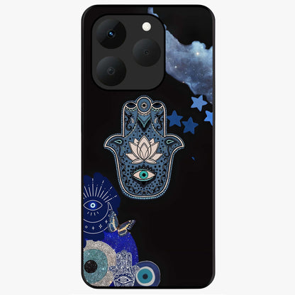 Mystic Hand Aura Glass Case showing flat back view with mystical hand symbol artwork and glossy glass finish.