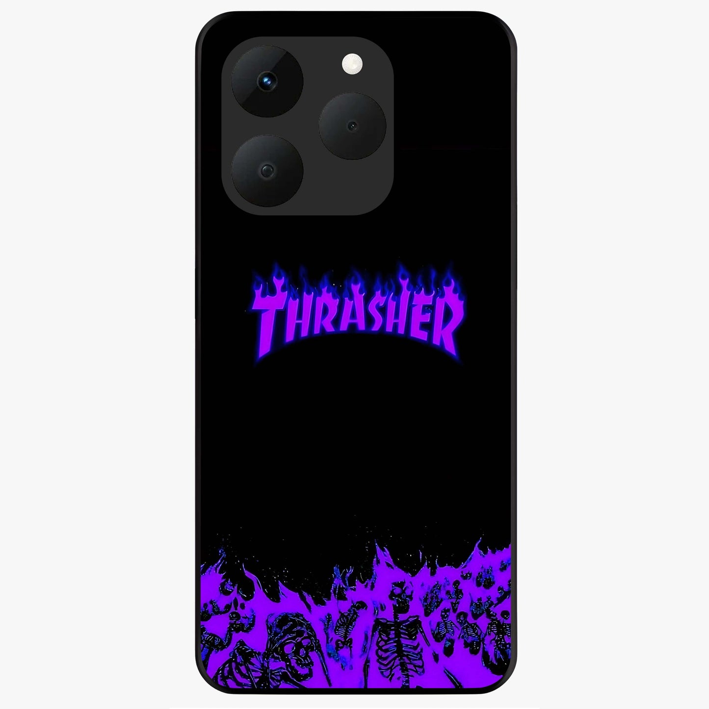 Neon Flame Riot Glass Case showing flat back view with neon flame artwork and glossy glass finish.