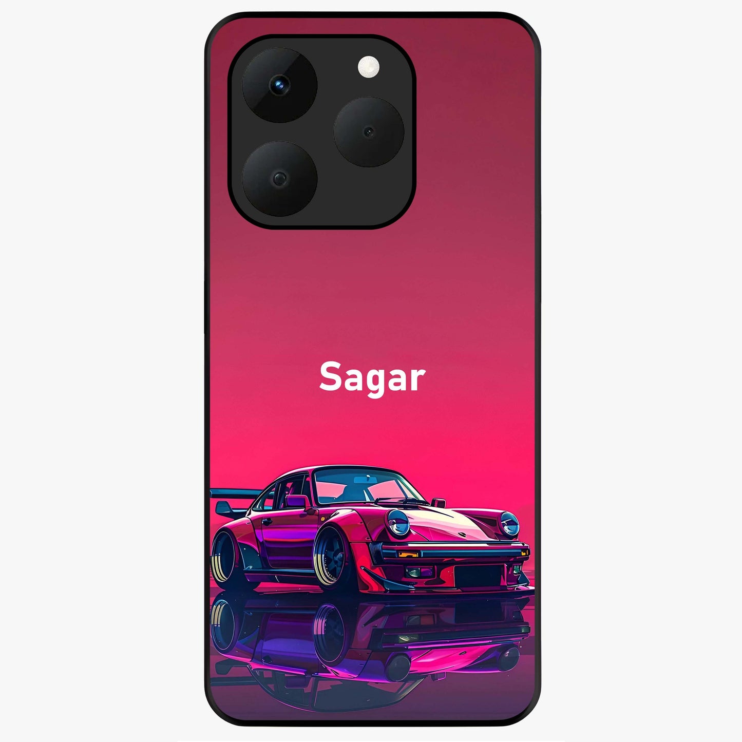 Neon Pink Porsche Glass Case showing flat back view with stylish sports car artwork and glossy glass finish.