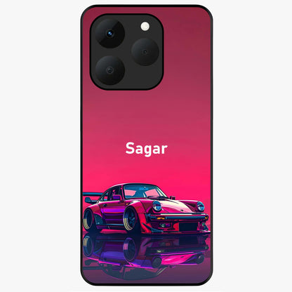 Neon Pink Porsche Glass Case showing flat back view with stylish sports car artwork and glossy glass finish.